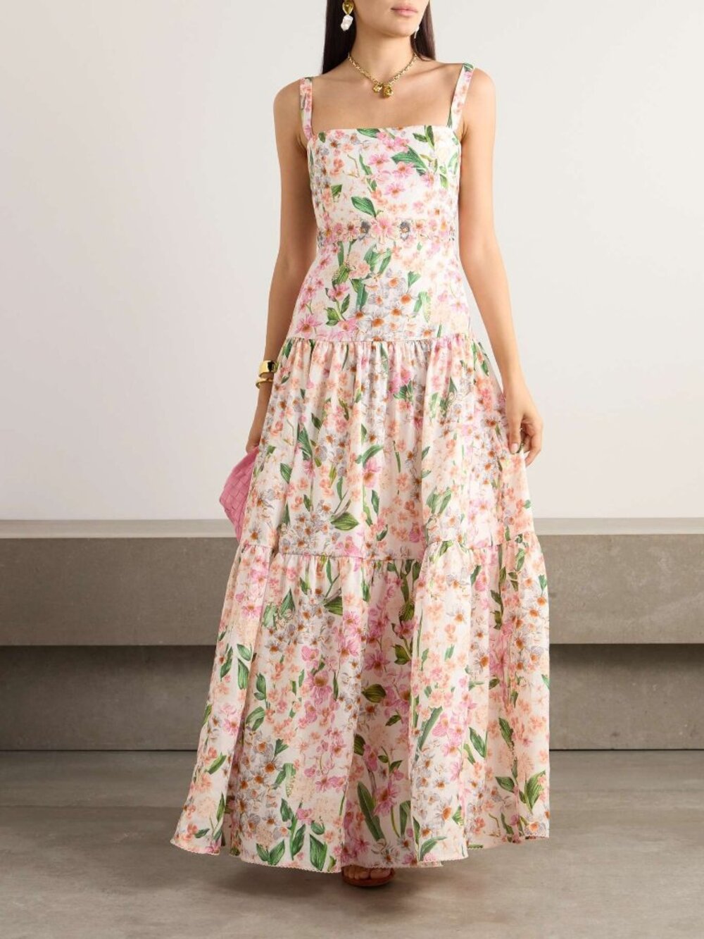Agua By Agua Bendita lima jardiniera' floral-print linen maxi dress